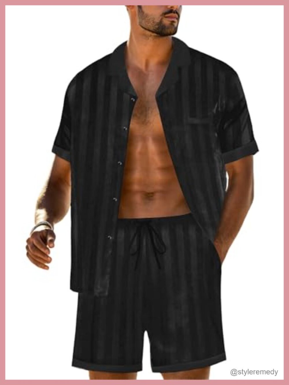 Men's Satin Silk Pajama Set Short Sleeve Button Down Sleepwear